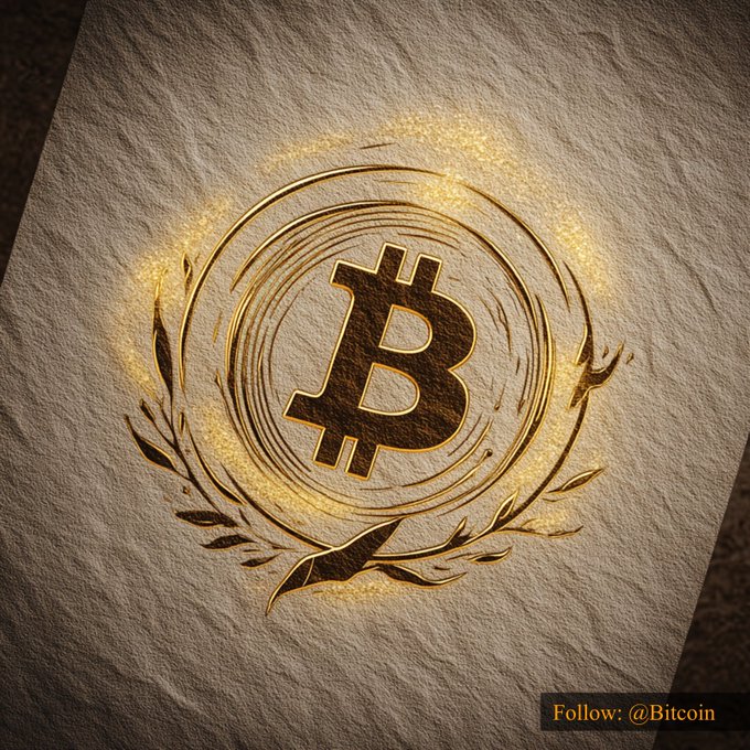 The image showcases a stylized, gold-foil Bitcoin logo embossed on textured parchment paper, surrounded by laurel branches and an ornate circular border. In the bottom corner, the text "Follow: @Bitcoin" appears, branding the artwork alongside the post referencing Bitcoin's price of $82,166.47.