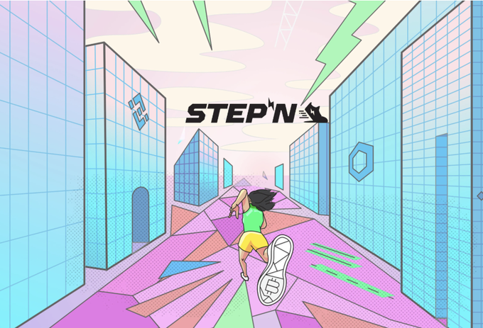 A vibrant retro-style illustration of a person running through a colorful cityscape with the 'STEP'N' logo prominently displayed.