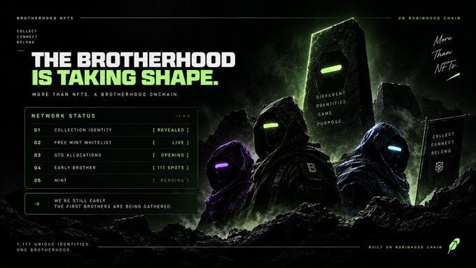 A dark promotional graphic for 'THE BROTHERHOOD' NFT project on Robinhood Chain features hooded figures with glowing visors and lists network status milestones like 'FREE MINT WHITELIST [LIVE]' and 'GTD ALLOCATIONS [OPENING]'.