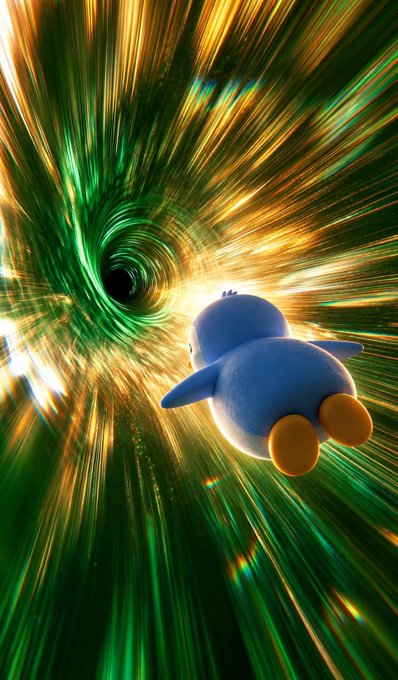 A 3D-rendered blue penguin character with orange feet flies through a swirling green and gold wormhole or tunnel of light streaks.