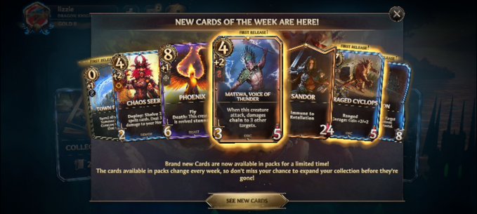 A Hearthstone game screenshot announcing 'NEW CARDS OF THE WEEK ARE HERE!' displaying cards including 'CHAOS SEER', 'PHOENIX', 'MATEWA, VOICE OF THEDOR', 'SANDOR', and 'FANGED CYCLOPS' from the 'DRAGON SLAYER' expansion.
