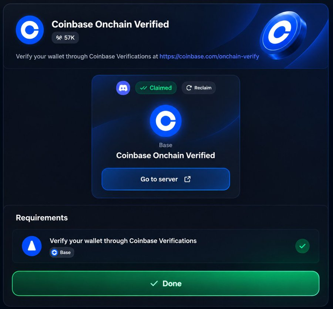 A screenshot of a Coinbase Onchain Verified notification showing the status as 'Claimed' with a 'Go to server' button, listed under the Base network.
