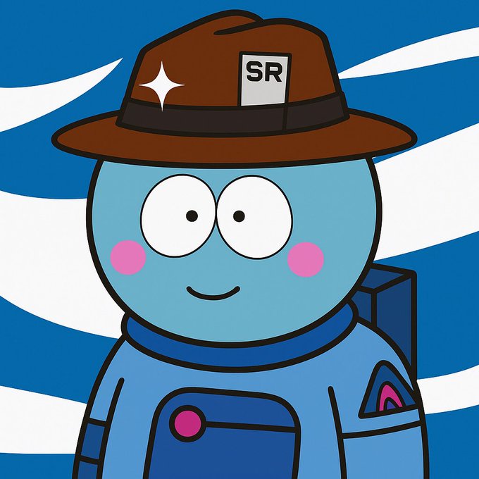A cartoon illustration of a blue astronaut character with pink cheeks wearing a brown ranger hat labeled 'SR' against a wavy blue and white background.