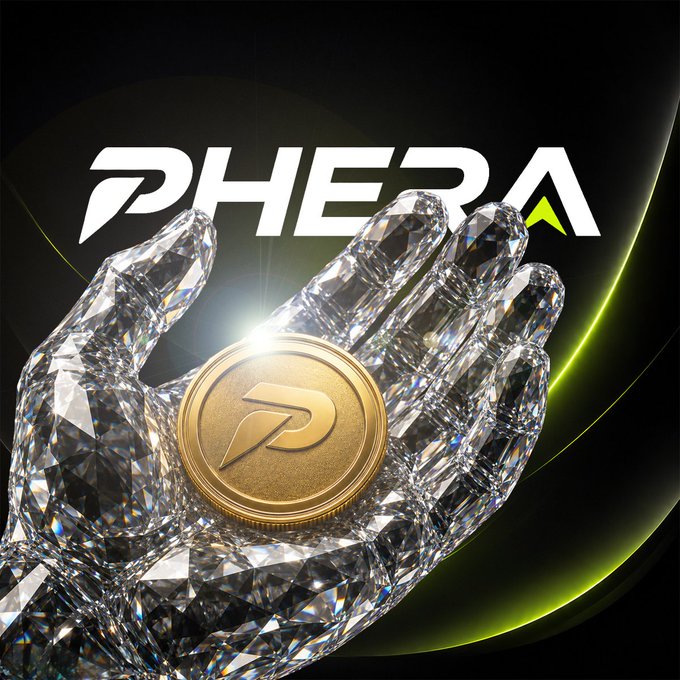 Promotional graphic for 'PHERA' cryptocurrency, featuring a faceted crystal hand holding a gold coin with the PHERA 'P' logo against a dark background with green accents.