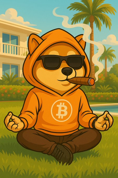 An illustration of a dog wearing an orange Bitcoin hoodie, sunglasses, and smoking a cigar while sitting cross-legged in front of a house.