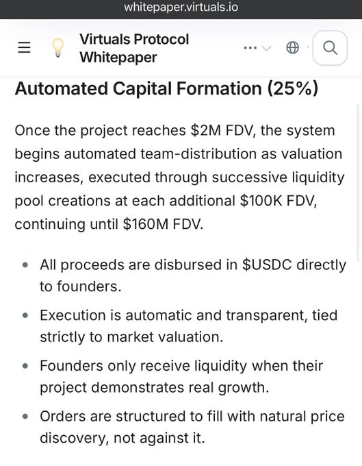 The image shows a screenshot of a webpage that contains information about capitalized formation, specifically about automated capitalization. The text on the page explains that once the project reaches $2M FVD, the system begins to automate team-distribution as an increase in value through successful liquidity pools at each additional $100FVD. The post also mentions that all processes are disbursed in USDC directly to founders only when their projects demonstrate real growth and orders are structured to fill with natural price.