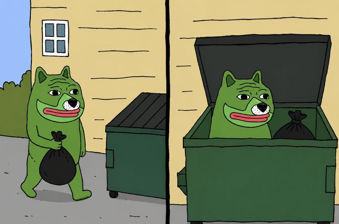 A two-panel cartoon featuring the green 'wojak' dog character; on the left, the character stands holding a black garbage bag next to a closed dumpster, and on the right, the character is sitting inside the open dumpster with the bag.
