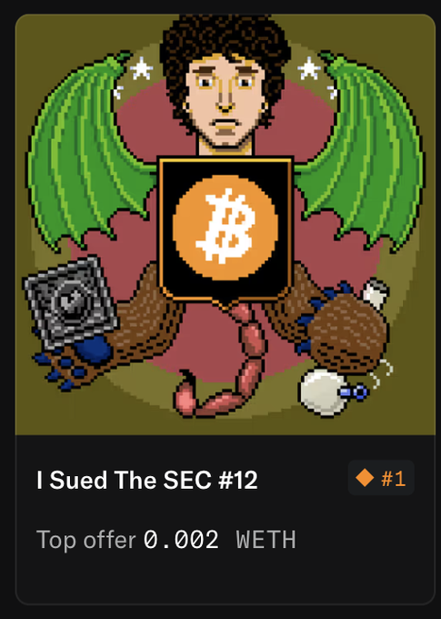 A digital NFT artwork titled 'I Sued The SEC #12' showing a pixel-art character with green dragon wings holding a Bitcoin symbol, with a 'Top offer 0.002 WETH' and labeled '#1'.
