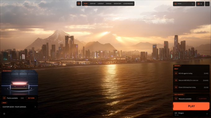 A video game menu screen set against a sunset cityscape with water, mountains, and bridges, featuring a "PLAY" button and news updates referencing KitKat, Selena, and Chivas.