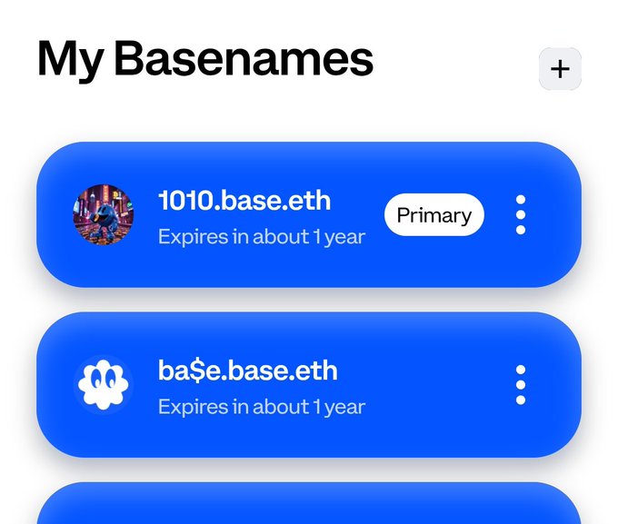 Screenshot of a 'My Basenames' page showing two registered .base.eth domains: '1010.base.eth' (marked as Primary, expires in about 1 year) and 'ba$.base.eth' (also expiring in about 1 year).