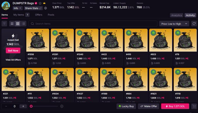 A screenshot of an NFT marketplace page for 'DUMPSTR Bags' showing multiple black bag icons with various prices in SOL and a 'Sell Now' button for 1,142 SOL.