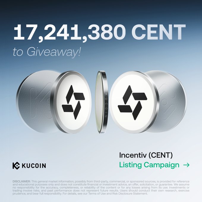 KuCoin promotional image announcing a listing campaign for Incentiv (CENT), featuring a giveaway of 17,241,380 CENT tokens, depicting stylized silver coin designs with the CENT logo to highlight the two-part campaign prizes (14,021,380 CENT for trading and 3,220,000 CENT for learning).