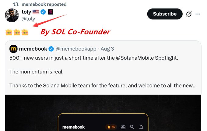 A reposted tweet from "toly" (@toly), labeled as the SOL Co-Founder, amplifies Memebook's announcement of 500+ new users gained after a Solana Mobile Spotlight feature. The image highlights the endorsement of the Memebook airdrop ($MEMEBOOK) mentioned in the accompanying post, which directs users to mint.memebook.app to mint a Pass, complete tasks, and earn points/tokens ahead of the TGE.