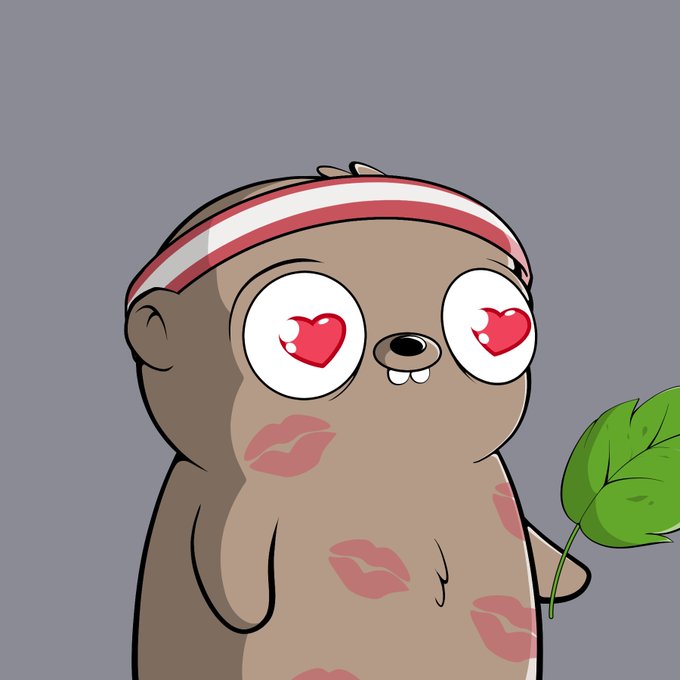 An animated cartoon character, resembling a gopher or otter, has heart-shaped eyes and is covered in lipstick kisses, wearing a red and white headband while holding a green leaf.