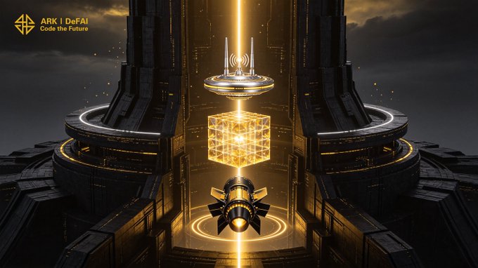 A futuristic sci-fi structure features a glowing golden cube orbiting a spacecraft, with a transmission tower emitting a radiant beam above—symbolizing ARK's role in connecting data, AI, and execution. The "ARK | DeFAI Code the Future" logo in the corner reinforces the brand's vision of intelligent, seamless action across digital systems.
