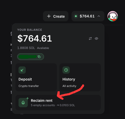 The image shows a dark-themed wallet interface displaying a balance of $764.61 (1.8808 SOL) with a red arrow pointing to a "Reclaim rent" option showing 5 empty accounts worth approximately 0.0103 SOL. This illustrates the post's tip about using the Pump Fun desktop app to reclaim small amounts of SOL from dormant accounts during the bear market.