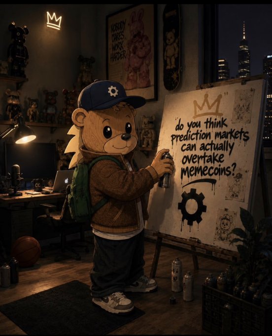 An illustrated scene of an anthropomorphic hedgehog character wearing a cap and backpack, spray-painting a canvas that asks 'do you think prediction markets can actually overtake memecoins?' in a room filled with collectibles.