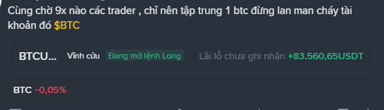 Vietnamese crypto trading post mentioning traders waiting 9x and recommending investing in $BTC, with a Binance UI showing a BTC perpetual position opened by 'Long' with an unrealized P&L of +$83,560.65 USDT.