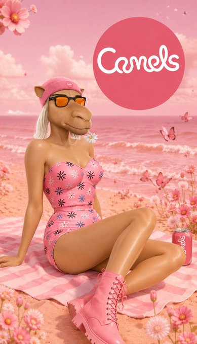 An advertisement-style image features a camel wearing a pink swimsuit, cap, sunglasses, and boots sitting on a beach towel under a pink 'Camels' logo.