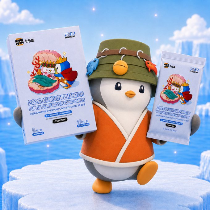 A Pudgy Penguins mascot wearing a green fish-decorated hat and orange robe stands on an icy platform, holding a "2026 KAKAWOW PHANTOM RUDY/PENGU TRADING CARDS" box and booster pack. The branding showcases a partnership between KAKA NFT, Tiny Penguins, and Phantom to expand the Pudgy Penguins IP alongside the PENGU token in China.