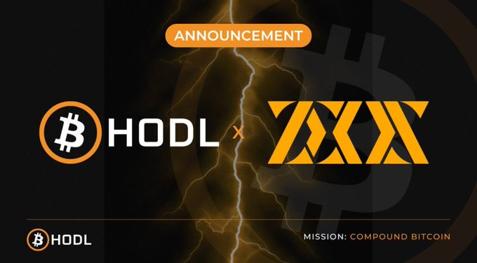 A promotional announcement image featuring a dark background with lightning effects, displaying the Bitcoin HODL logo alongside a stylized "XXX" graphic, with the text "ANNOUNCEMENT" at the top and the tagline "MISSION: COMPOUND BITCOIN" at the bottom, marking a partnership between Bitcoin HODL and Zeus LN.