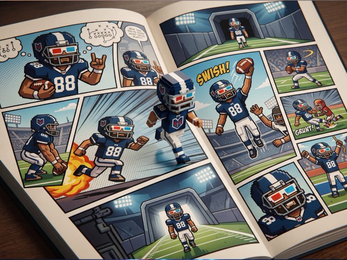 An open comic book displays vibrant illustrated panels of an American football player wearing jersey number 88 in blue and white, showing him catching passes, running with flames, and celebrating.