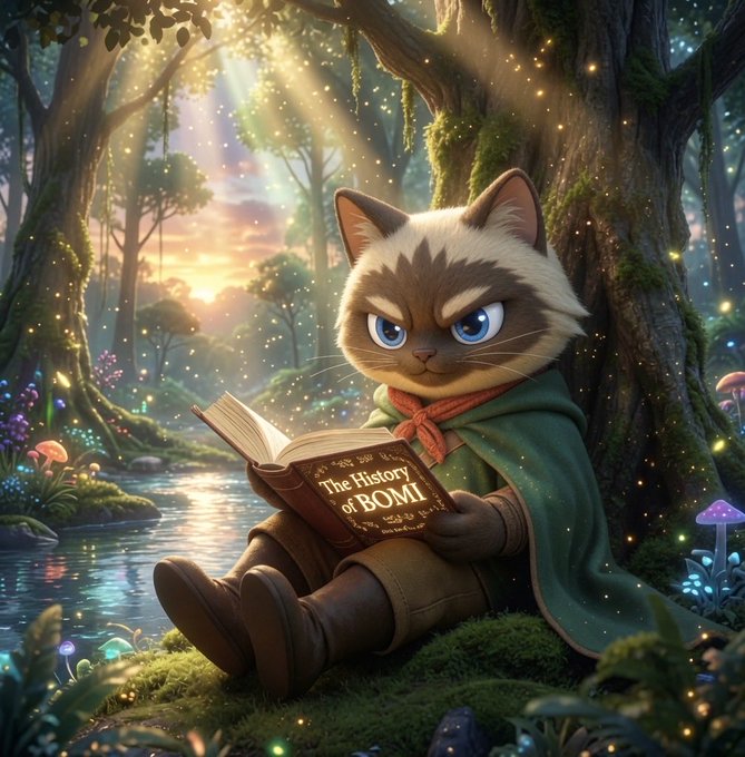 The image depicts a cartoonish Siamese cat resembling a leprechaun, this cat is sitting in a tree reading a book titled "The History of BOMI." The accompanying text introduces $BOMI, a cryptocurrency with roots inspired by Mr. Miggles and its community.