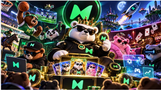 A vibrant digital illustration of bears wearing sunglasses and gold chains surrounded by sports, gaming, and cryptocurrency imagery branded with an 'M' logo.