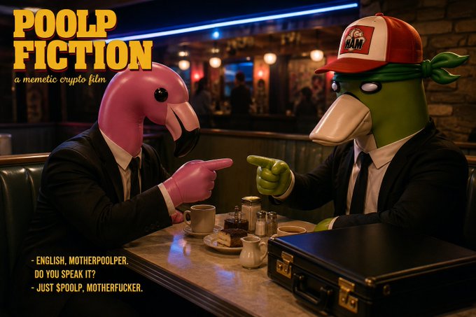 A meme titled 'POOLFICTION: a memetic crypto film' showing two anthropomorphic birds in suits and accessories pointing at each other across a diner table, with dialogue text reading '- ENGLISH, MOTHERPOOLPER. DO YOU SPEAK IT? - JUST SPOOLP, MOTHERFUCKER.'