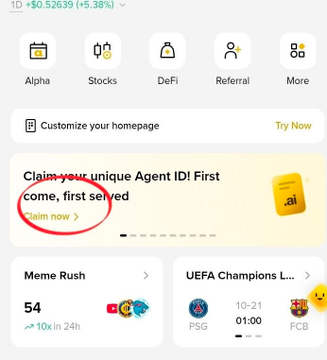 A Binance app home screen highlights a banner reading “Claim your unique Agent ID! First come, first served,” with “Claim now >” circled in red. The post explains how users can claim an Agent ID through @BinanceWallet by finding “Agent ID” and setting a preferred name on a first-come, first-served basis.