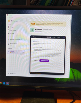 A computer monitor displaying a desktop with a desktop application called 'Hermes' showing an information prompt about USB security.