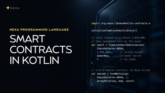 Animated title card for 'NEXA Programming Language: Smart Contracts in Kotlin' featuring Kotlin code snippets for a TimeLockVault and a multisig contract on the Nexa blockchain.