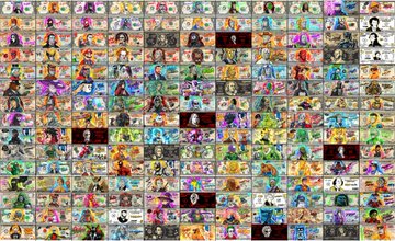 A dense grid collage containing hundreds of small, colorful cartoon and video game character portraits.
