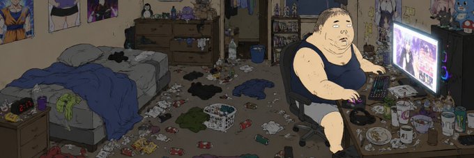 An overweight man sits in a gaming chair in a filthy, cluttered bedroom surrounded by anime posters and trash, while an overlay announces crypto giveaway winners with their Ethereum addresses and "FCFS SPOTS."