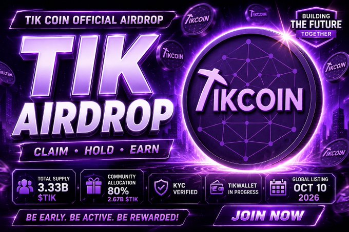 Promotional banner for the TikCoin ($TIK) Official Airdrop, highlighting key project details: 3.33B total supply, 80% community allocation (2.6B $TIK), KYC verification, TikWallet in progress, and a planned global listing on October 10, 2026. The image visually reinforces the post's update on TikWallet's live status, 5% balance transfer feature, P2P transfers, and KYC/anti-fraud checks, inviting users to "Claim, Hold, Earn" and join the airdrop.