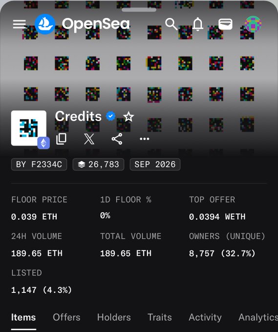 A screenshot of an OpenSea NFT collection page for 'Credits,' showing a floor price of 0.039 ETH, 24H volume of 189.65 ETH, 8,757 unique owners, and 1,147 listed items out of 26,783.