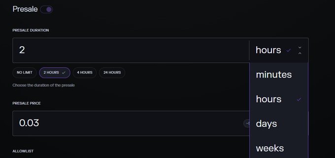 A dark user interface showing presale configuration settings, including a 'Presale Duration' set to 2 hours, options for 'NO LIMIT / 2 HOURS / 4 HOURS / 24 HOURS', and a 'Presale Price' input field.