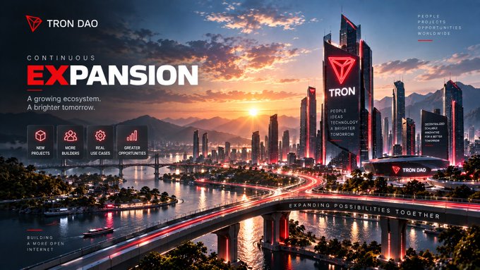 A Tron DAO promotional banner featuring the headline 'CONTINUOUS EXPANSION' with the tagline 'A growing ecosystem. A brighter tomorrow,' set against a futuristic cityscape at sunset with bridges and skyscrapers.
