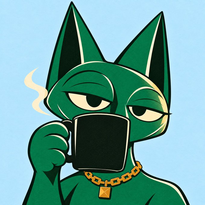 An illustration of a green, cat-like humanoid character wearing a gold chain, holding a black mug of steaming coffee with a sleepy expression.