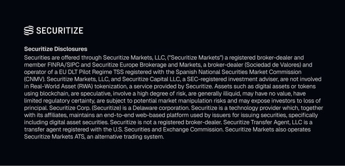 A Securitize disclosures page contains legal text about Securitize Markets, LLC, SEC registration, and risks associated with digital asset tokenization.
