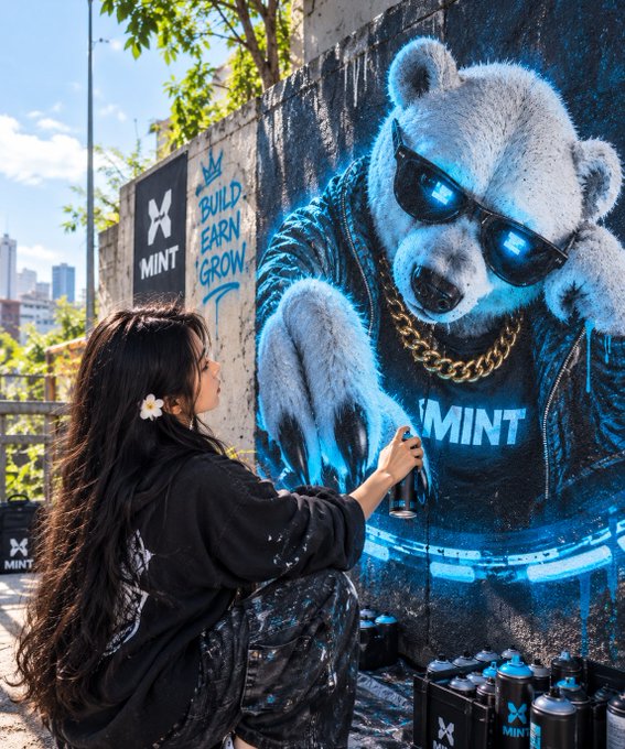 A female graffiti artist spray-paints a large mural of a bear wearing sunglasses and a gold chain on a wall branded with "MINT" and "BUILD EARN GROW," surrounded by spray paint cans.