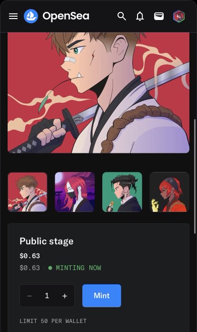 An OpenSea NFT marketplace page showing an anime-style character artwork titled 'Public stage' priced at $0.63, currently minting now with a limit of 50 per wallet.