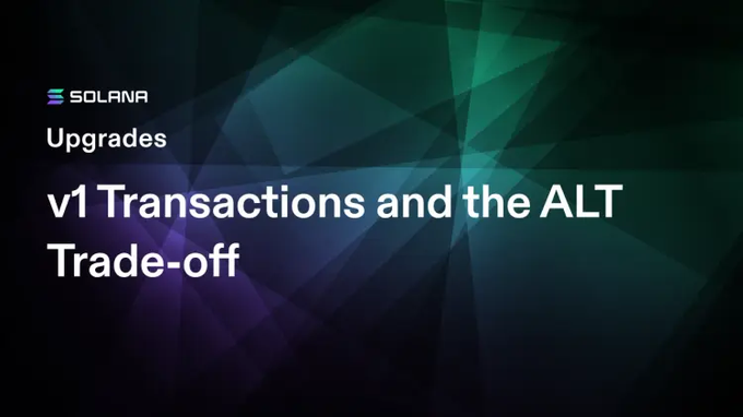 A title slide from Solana about 'v1 Transactions and the ALT Trade-off' under the 'Upgrades' section, featuring a dark geometric background with the Solana logo.
