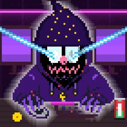 A pixel art character wearing a purple hooded robe with yellow dots, featuring large glowing blue eyes and sharp, jagged teeth.