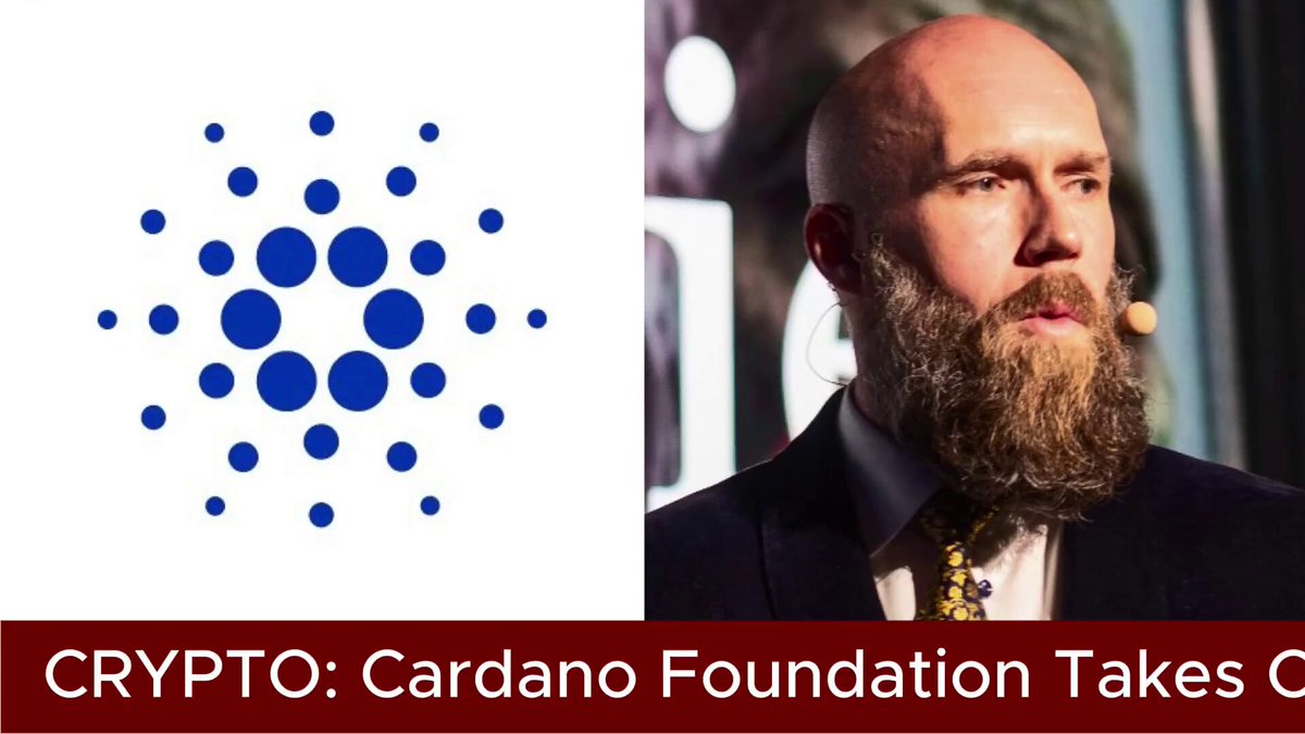 The image features a man with a beard wearing a suit and tie, standing next to a white background that includes a blue circle logo and text about Cardano Foundation taking cryptocurrency. The man appears to be giving a speech or presentation related to the topic of cryptocurrency.