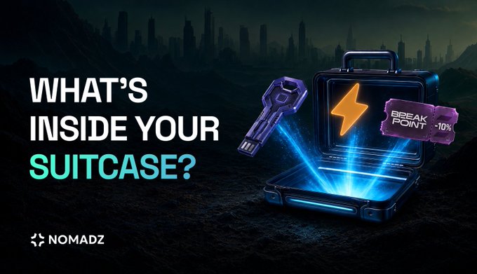 A digital graphic asking 'WHAT'S INSIDE YOUR SUITCASE?' featuring an open briefcase with items floating out including a key, lightning bolt, and 'BEEAK POINT -10%' voucher, branded with the NOMADZ logo.