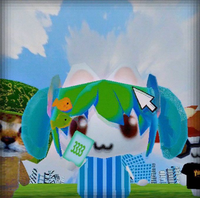 A pixelated/glitchy digital illustration of a cute character with blue bunny-like features and green hair with a goldfish, with a computer cursor arrow pointing at it.
