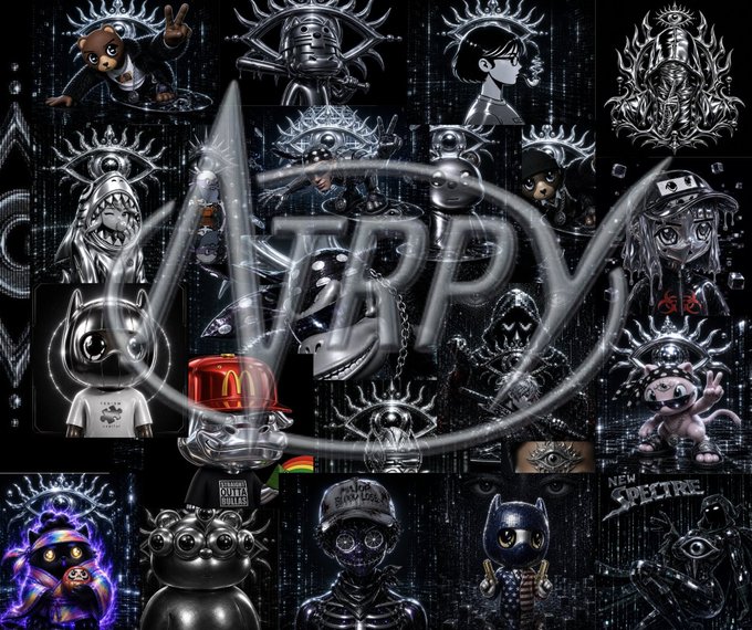 A collage of dark, gothic-style NFT artwork featuring various characters including cats, robots, and figures with halos, overlaid with a large semi-transparent 'FRY' watermark.