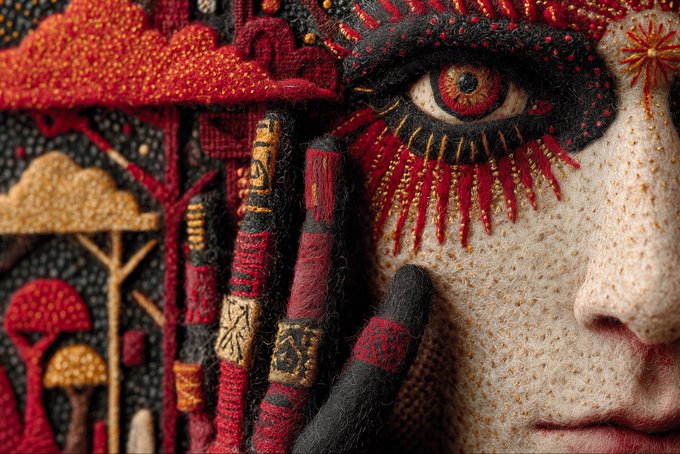 A highly detailed, textured close-up of a doll-like face with a striking red and yellow eye, framed by elaborate red and black thread embroidery resembling mushrooms and lashes.