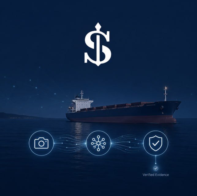 An illustration of a large cargo ship at sea at night, featuring a central white "SV" logo and icons for a camera, network, and shield representing "Verified Evidence" gathered via AI and reporters.